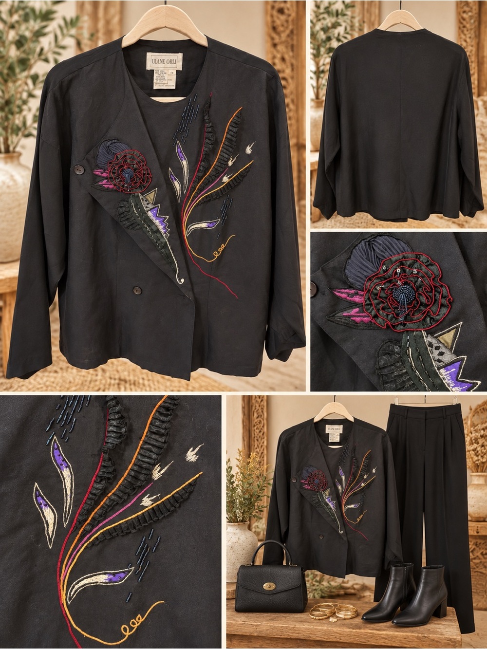 Ulane Orli Silk Ramie Embroidered Beaded Art to Wear Jacket Size 14